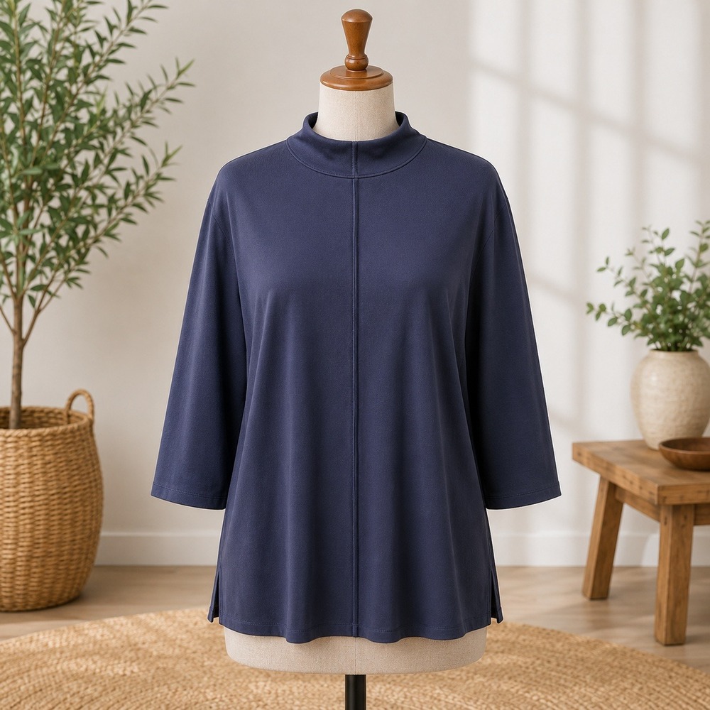 NEW Denim & Co Mock Neck Top 4XP Navy Blue 3/4 Sleeve Center Seam Slit Hem